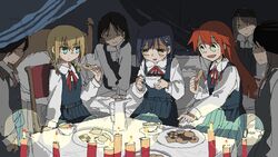  6+girls alternate_hairstyle aqua_eyes blonde_hair blue_hair blush braid brown_hair candle closed_mouth cookie dress flip_flappers food green_eyes highres jaggy_lines kokomine_cocona long_sleeves multiple_girls open_mouth orange_hair papika_(flip_flappers) pinafore_dress plate school_uniform sleeveless sleeveless_dress tea tsukumizu_yuu twin_braids uniform yayaka 