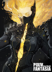  armor blonde_hair commentary_request energy english_text et.m female floating floating_hair glowing glowing_eyes glowing_hair horns mask mechanical mechanical_parts medium_hair pauldrons photoshop_(medium) pixiv_fantasia pixiv_fantasia_new_world shoulder_armor solo upper_body yellow_eyes yellow_horns 