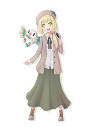  :d absurdres aka_(440626) alternate_costume bird black_ribbon blonde_hair brown_jacket cellphone commentary_request female green_eyes green_skirt hat highres holding holding_phone jacket lillie_(pokemon) long_skirt long_sleeves low_ponytail open_mouth owl phone pokemon pokemon_(creature) pokemon_sm ponytail ribbon rowlet shirt simple_background skirt smartphone smile tongue tongue_out white_background white_shirt 