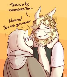  absurd_res anthro asgore_dreemurr azenzeph beard blonde_hair boss_monster_(undertale) bovid caprine dialogue duo english_text facial_hair female flower fur hair hi_res horn long_ears male male/female mammal plant text toriel undertale undertale_(series) white_body white_fur 