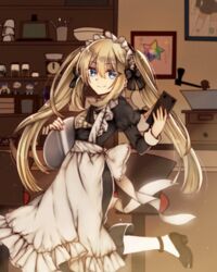  alternate_costume anklet apron black_bow black_dress black_footwear black_ribbon blonde_hair blue_eyes bow commentary_request dress enmaided fate/grand_order fate_(series) female floating_hair grey_apron hair_between_eyes hairbow highres holding indoors jewelry leg_up long_dress long_hair maid marie_antoinette_(animejapan_2016)_(fate) marie_antoinette_(fate) nagatsuki_take neck_ribbon official_alternate_costume ribbon shoes solo standing twintails white_legwear 