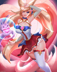  ahri alternate_costume alternate_hair_color blue_eyes breasts cleavage female fox_ears fox_tail league_of_legends lips long_hair looking_at_viewer magical_girl nail_polish peach_hair skirt smile solo star_guardian_ahri thigh_boots tiara 