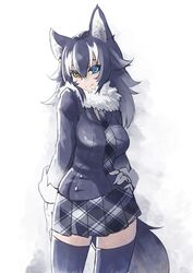  animal_ears bad_id bad_twitter_id black_coat black_hair black_thighhighs blue_eyes blush breasts closed_mouth coat commentary_request cowboy_shot female fur_collar gloves grey_wolf_(kemono_friends) hair_between_eyes hand_on_own_hip heterochromia kemono_friends large_breasts long_hair long_sleeves looking_at_viewer multicolored_hair plaid plaid_skirt sakura_inu skirt smile solo tail thighhighs two-tone_hair white_gloves white_hair wolf_ears wolf_tail yellow_eyes 