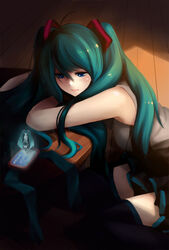  ahoge black_skirt black_thighhighs blue_eyes character_name closed_mouth commentary_request english_text female green_hair grey_shirt hatsune_miku highres hologram long_hair pleated_skirt shirt sitting skirt sleeveless sleeveless_shirt solo standing table thighhighs twintails uusquid very_long_hair vocaloid wariza wooden_floor 