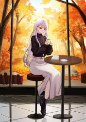  autumn_leaves bar_stool black_footwear black_sweater book boots breasts closed_mouth commentary commission cross cross_necklace cup female grey_hair halo heart heart-shaped_pupils highres holding holding_cup inaba_0717 indie_virtual_youtuber jewelry long_hair long_sleeves necklace open_book red_eyes reflective_floor rock saucer side_slit sitting skeb_commission skirt smile solo stool sweater symbol-shaped_pupils tenkyu_zakuro tree virtual_youtuber white_skirt 