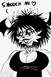  anthro bat-eared_fox bat_wings big_breasts black_hair boker breasts canid canine cleavage clothed clothing dialogue english_text eyeshadow female fox greyscale hair head_wings kiss_request laura_derose lipstick makeup mammal membrane_(anatomy) membranous_wings monochrome solo text unusual_wing_placement wings 