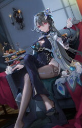  black_bodysuit black_footwear black_gloves black_thighhighs bodysuit breasts candlestand candy cleavage_cutout closed_mouth clothing_cutout couch crossed_legs female food gloves grey_hair high_heels highres honkai_(series) honkai_impact_3rd indoors large_breasts long_hair official_art on_couch purple_eyes rabbit second-party_source single_glove single_leg_bodysuit single_thighhigh sitting smile solo taichi_(yirkorn) thighhighs too_many too_many_rabbits very_long_hair vita_(honkai_impact) 