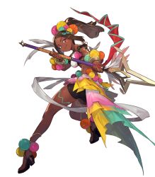  attack bead_bracelet beads bracelet breasts brown_eyes brown_hair dark-skinned_female dark_skin eyeshadow female fire_emblem fire_emblem_engage fire_emblem_heroes frilled_skirt frills highres holding holding_polearm holding_weapon jewelry makeup medium_breasts micro_shorts microskirt navel non-web_source polearm ponytail purple_eyeshadow sandals shorts skirt smile solo spear star-shaped_pupils star_(symbol) symbol-shaped_pupils timerra_(fire_emblem) weapon 