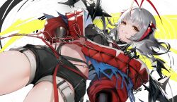  absurdres antenna_hair arknights belt black_shorts breasts crop_top cross-shaped_pupils female from_below grey_hair highres horns jacket navel nido_celisius red_hair red_horns red_jacket short_shorts shorts smile solo symbol-shaped_pupils thigh_belt thigh_strap w_(arknights) white_belt wis&#039;adel_(arknights) yellow_eyes zipper 