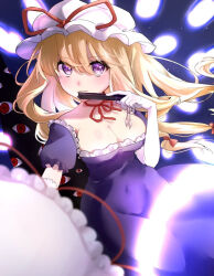  blonde_hair bow breasts chalc0 choker cleavage closed_mouth commentary_request dress elbow_gloves fan_over_face female folded_fan folding_fan gap_(touhou) gloves hairbow hand_fan hat hat_ribbon holding holding_fan holding_umbrella long_hair looking_at_viewer mob_cap multiple_hair_bows purple_dress purple_eyes red_bow red_ribbon ribbon ribbon_choker short_sleeves smile solo touhou umbrella very_long_hair white_gloves yakumo_yukari 