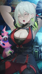  absurdres armpits arms_behind_head breasts cleavage colored_tips commentary detached_sleeves diabellstar_the_black_witch dress duel_monster female gmg green_eyes green_hair grey_eyes grey_hair highres hood hood_up large_breasts medium_hair monster_energy multicolored_hair open_mouth pale_skin red_hair single_sleeve snake-eyes_poplar yu-gi-oh! 