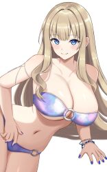  arm_support armlet bare_arms bare_shoulders bead_bracelet beads bikini blonde_hair blue_bikini blue_eyes blue_nails blush bracelet breasts cleavage closed_mouth collarbone commentary_request cowboy_shot dolphin_wave female hair_intakes hand_on_own_stomach highres jewelry kirahoshi_kanna large_breasts long_hair looking_at_viewer lying multicolored_bikini multicolored_clothes nail_polish navel o-ring o-ring_bikini o-ring_bottom o-ring_top on_side paid_reward_available pink_bikini purple_bikini sidelocks simple_background solo stomach strapless strapless_bikini surippa1010 swimsuit underboob very_long_hair white_background white_bikini 