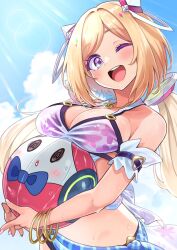  @-you_(you_2023_8_16) aki_rosenthal aki_rosenthal_(hololive_summer_2019) aroused_nosebleed ball beachball blonde_hair bracelet breasts commentary_request female fingernails floral_print_bikini highres holding holding_ball holding_beachball hololive jewelry large_breasts lens_flare long_hair one_eye_closed pendant purple_eyes virtual_youtuber 