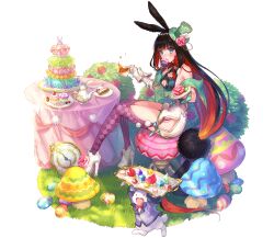  1other animal_ears black_hair chair checkered_socks claidheamh_soluis_(phantom_of_the_kill) clock colored_inner_hair cup easter easter_egg eating egg fake_animal_ears female from_side high_heels highres holding holding_cup long_hair looking_at_viewer mouth_hold multicolored_hair official_alternate_costume official_art on_chair outdoors phantom_of_the_kill purple_socks rabbit_ears red_hair socks table thighhighs very_long_hair white_footwear 