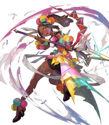  attack bead_bracelet beads bracelet breasts brown_eyes brown_hair dark-skinned_female dark_skin eyeshadow feathers female fire_emblem fire_emblem_engage fire_emblem_heroes frilled_skirt frills highres holding holding_polearm holding_weapon jewelry makeup medium_breasts micro_shorts microskirt navel non-web_source one_eye_closed open_mouth polearm ponytail purple_eyeshadow sandals shorts skirt smile solo spear star-shaped_pupils star_(symbol) symbol-shaped_pupils timerra_(fire_emblem) weapon 