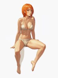  barefoot bikini breasts cleavage collarbone english_commentary expressionless feet female full_body heyy_vivii highres invisible_chair looking_at_viewer medium_breasts nami_(one_piece) navel one_piece orange_eyes orange_hair short_hair sitting solo swimsuit tattoo toes white_background white_bikini 