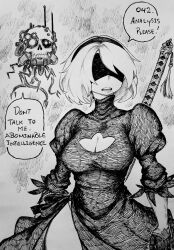  2b_(nier:automata) absurdres blindfold breasts character_request chronozbergh cleavage cleavage_cutout clothing_cutout commentary copyright_request dress english_commentary english_text female graphite_(medium) greyscale hairband highres large_breasts monochrome nier:automata nier_(series) non-humanoid_robot open_mouth robot short_hair speech_bubble sword sword_on_back thighs traditional_media weapon weapon_on_back 