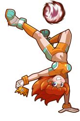  absurdres ball blue_eyes breasts brown_hair crop_top crown female gloves grin handstand highres holding holding_crown long_hair mario_(series) mario_strikers_(series) midriff navel orange_socks princess_daisy shorts simple_background smile soccer_ball socks sportswear toukitsune two-tone_shorts white_background white_gloves 