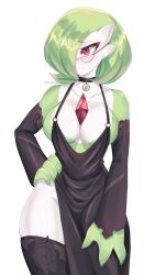  artist_name black_choker black_dress black_sleeves black_thighhighs blush bob_cut breasts choker clothed_pokemon colored_skin commission detached_sleeves dress female gardevoir glasses green_hair green_skin hair_over_one_eye hand_on_own_hip helenwoodsr highres large_breasts mega_stone multicolored_skin pink_eyes pokemon pokemon_(creature) side_slit simple_background thighhighs two-tone_skin white_background white_skin 