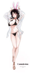  absurdres animal_ears armpits arms_up bare_legs bare_shoulders bikini black_bikini black_hair bow breasts cccc2445 cleavage commentary_request commission double_v earrings facial_mark female full_body hairbow halterneck highres jacket jewelry korean_commentary large_breasts long_hair long_sleeves looking_at_viewer lost_ark nail_polish navel o-ring o-ring_bikini o-ring_top off_shoulder open_clothes open_jacket open_mouth original rabbit_ears red_eyes ring sandals see-through see-through_jacket simple_background smile solo standing stomach string_bikini swimsuit thighs v white_background white_jacket 