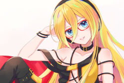  azaka_(pipponao) bare_shoulders black_collar black_footwear black_jacket blonde_hair blue_eyes boots bracelet breasts cleavage collar collarbone female glasses hair_between_eyes headphones jacket jewelry lily_(vocaloid) long_hair looking_at_viewer medium_breasts multiple_bracelets off_shoulder open_clothes open_jacket parted_lips red-framed_eyewear simple_background smile solo upper_body vocaloid white_background 