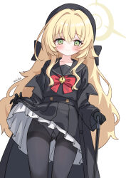  black_bow black_bowtie black_gloves black_pantyhose black_skirt blonde_hair blue_archive bow bowtie clothes_lift eluthel gloves green_eyes highres lifting_own_clothes light_smile panties panties_under_pantyhose pantyhose professor_niyaniya_(blue_archive) red_ribbon ribbon skirt skirt_lift underwear white_background 