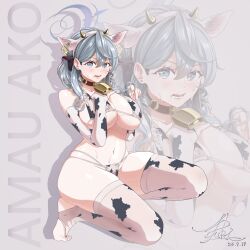  absurdres ako_(blue_archive) animal_ears animal_print bell bikini blue_archive blue_eyes blue_hair blue_halo breasts character_name cow_ears cow_horns cow_print cow_print_bikini cow_print_gloves cow_print_thighhighs cowbell ear_tag elbow_gloves fake_animal_ears fake_horns female fingerless_gloves gloves hair_between_eyes halo highres horns large_breasts multi-strapped_bikini_bottom navel neck_bell print_bikini print_gloves print_thighhighs puki_putaro stirrup_legwear sweat swimsuit thighhighs toeless_legwear zoom_layer 