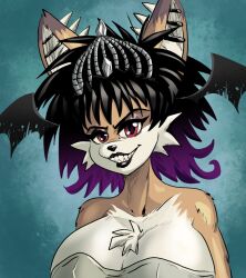  alternative_fashion anthro bat-eared_fox bat_wings big_breasts black_hair boker breasts canid canine cleavage clothed clothing crown dress eyeshadow female fox fur goth gradient_hair hair head_wings headgear laura_derose laura_palmer lipstick makeup mammal membrane_(anatomy) membranous_wings multicolored_hair orange_body orange_fur purple_eyeshadow purple_hair purple_lipstick red_eyes solo tiara twin_peaks two_tone_hair unusual_wing_placement wings 