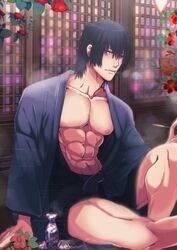  bare_breasts big_breasts big_chest happy_trail japanese_clothes jujutsu_kaisen male male_only muscular muscular_male pubic_hair smoking toji_fushiguro yaoi yukata 