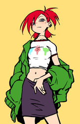  1girls blush cartoon_network choker crop_top earrings foster&#039;s_home_for_imaginary_friends frankie_foster fully_clothed hand_on_belly henriiku_(ahemaru) jacket jacket_open looking_at_viewer ponytail shirt sketch skirt solo solo_focus standing 