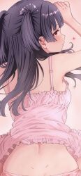  ... absurdres black_hair blunt_bangs blush camisole commentary_request dimples_of_venus female heart highres idolmaster idolmaster_shiny_colors koukashita long_hair looking_at_viewer mayuzumi_fuyuko median_furrow out-of-frame_censoring paid_reward_available panties pink_camisole pink_panties profile sideways_glance simple_background solo two_side_up underwear underwear_only 