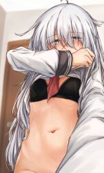  black_bra blush bra breasts clothes_lift commentary_request door female grey_eyes grey_hair hair_between_eyes hibiki_(kancolle) highres indoors kantai_collection kuuru_(kuuru-n) lifting_own_clothes long_hair long_sidelocks long_sleeves looking_at_viewer navel neckerchief out-of-frame_censoring red_neckerchief shirt shirt_lift sidelocks small_breasts solo stomach underwear upper_body very_long_hair white_shirt 