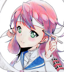  akashi_(kancolle) bandana colored_pencil_(medium) commentary_request female green_eyes hair_ribbon highres kantai_collection long_hair long_sleeves looking_at_viewer pencil pink_hair ribbon school_uniform serafuku smile solo to_ufu@to_ufu traditional_media tress_ribbon wooden_pencil 