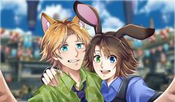  1boy 8134_ksrg absurdres animal_ears blonde_hair brown_hair commentary_request cosplay female final_fantasy final_fantasy_x heterochromia highres judy_hopps judy_hopps_(cosplay) nick_wilde nick_wilde_(cosplay) parody selfie tidus yuna_(ff10) zootopia 