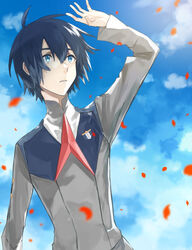  1boy bad_id bad_pixiv_id black_hair blue_eyes blue_sky cloud cloudy_sky commentary darling_in_the_franxx day haisato_(ddclown14) hand_up hiro_(darling_in_the_franxx) long_sleeves male_focus military military_uniform necktie petals red_necktie sky solo uniform 