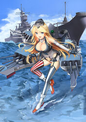  american_flag_legwear battleship blonde_hair blue_eyes breasts ccjn cleavage commentary_request elbow_gloves female fingerless_gloves front-tie_top garter_straps gloves historical_name_connection iowa_(kancolle) kantai_collection large_breasts long_hair machinery military military_vehicle miniskirt name_connection object_namesake panties pantyshot photoshop_(medium) ship skirt solo standing star-shaped_pupils star_(symbol) striped_clothes striped_thighhighs symbol-shaped_pupils thighhighs underwear uss_iowa_(bb-61) vehicle_and_personification vertical_stripes warship water watercraft 