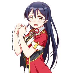  arms_up blue_hair blush bokura_no_live_kimi_to_no_life commentary_request female hair_between_eyes korean_commentary long_hair looking_at_viewer love_live! love_live!_school_idol_project open_mouth simple_background skull573 smile solo sonoda_umi yellow_eyes 