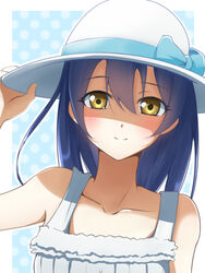  blue_hair blush commentary_request dress fal_(fal-se-0) female hand_on_headwear hat hat_ribbon highres long_hair love_live! love_live!_school_idol_project ribbon smile solo sonoda_umi sun_hat sundress white_dress yellow_eyes 