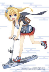  :d anchor backpack bag bare_arms belt blonde_hair blue_eyes boots camouflage commentary_request eyebrows female full_body hair_ornament kick_scooter leaning_forward leg_up long_hair looking_at_viewer mc_axis nanaroku_(fortress76) open_mouth photoshop_(medium) pleated_skirt ponytail radar shirt skirt sleeveless sleeveless_shirt smile solo translation_request uss_princeton_(cvl-23) white_background 