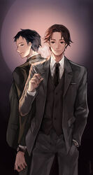  2boys absurdres amari_(joker_game) brown_eyes brown_hair brown_pants cigarette collared_shirt commentary formal hand_in_pocket highres holding jacket joker_game male_focus multiple_boys necktie pants photoshop_(medium) pinkiepies2 pocket_watch shirt short_hair simple_background smile smoke standing suit tazaki_(joker_game) watch white_shirt 