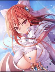  artist_request blush bow breasts earrings elbow_gloves female gem gloves hair_ornament hairbow huge_breasts jewelry long_hair official_art phantom_of_the_kill red_eyes red_hair ribbon shekinah_(phantom_of_the_kill) smile stud_earrings underboob wings 