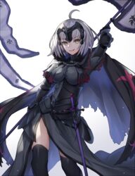  absurdres ahoge arm_up armor armored_dress banner black_dress black_thighhighs breasts commentary dress fate/grand_order fate_(series) faulds female gauntlets highres holding jeanne_d&#039;arc_alter_(avenger)_(fate) jeanne_d&#039;arc_alter_(fate) laon large_breasts looking_at_viewer parted_lips sheath sheathed short_hair simple_background solo standing sword thighhighs weapon white_background white_hair yellow_eyes 