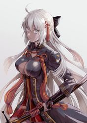  ahoge bad_id bad_pixiv_id black_bow bow breasts clothing_cutout cowboy_shot dark-skinned_female dark_skin dress fate/grand_order fate_(series) female gale_kawaii hair_between_eyes hair_ornament hairbow holding holding_sword holding_weapon koha-ace long_hair medium_breasts okita_souji_(fate) okita_souji_alter_(fate) open_mouth red_dress sheath sheathed short_dress simple_background sleeves_past_elbows solo sword tassel underboob underboob_cutout very_long_hair weapon white_background white_eyes white_hair 