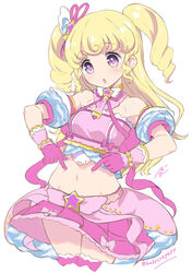  :o blonde_hair blush detached_collar detached_sleeves drill_hair female gloves hair_ornament hair_ribbon idol_time_pripara midriff mizuki_gyokuran navel pink_gloves pink_skirt poking_belly poking_self pretty_series pripara puffy_detached_sleeves puffy_sleeves ribbon signature skirt solo star_(symbol) star_hair_ornament twin_drills twitter_username two_side_up yumekawa_yui 