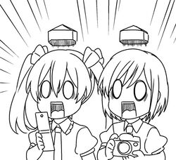  0_0 2girls bow breasts camera cellphone double_spoiler emphasis_lines flip_phone greyscale hair_between_eyes hairbow hat hat_launch himekaidou_hatate jeno monochrome multiple_girls open_mouth phone puffy_short_sleeves puffy_sleeves rectangular_mouth shameimaru_aya shoot_the_bullet short_hair short_sleeves surprised tokin_hat touhou twintails violet_detector wing_collar 