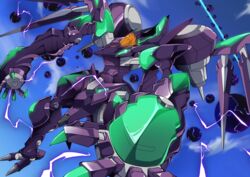  claws cloud commentary_request electricity explosion gamiani_zero highres mark_nicht mecha no_humans robot shiny sky solo soukyuu_no_fafner spikes wings 