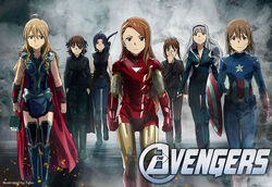  6+girls adjusting_eyewear ahoge akizuki_ritsuko amami_haruka armor armored_boots avengers_(series) black_bodysuit black_hair black_pants black_shirt black_widow black_widow_(cosplay) blue_bodysuit bodysuit boots bow_(weapon) brown_eyes brown_hair bruce_banner bruce_banner_(cosplay) captain_america captain_america_(cosplay) collarbone commentary_request cosplay eyepatch formal glasses grey_hair hagiwara_yukiho hair_between_eyes hairband hammer hands_in_pockets hawkeye_(marvel) hawkeye_(marvel)_(cosplay) holding holding_hammer holding_shield hoshii_miki idolmaster idolmaster_(classic) iron_man iron_man_(cosplay) looking_at_viewer marvel marvel_cinematic_universe minase_iori miura_azusa multiple_girls nick_fury nick_fury_(cosplay) pant_suit pants photoshop_(medium) red_hairband shield shijou_takane shirt short_hair sidelocks sleeveless star_(symbol) star_print suit taku1122 the_avengers_(2012) thor_(marvel) thor_(marvel)_(cosplay) tied_hair weapon yellow_hairband 