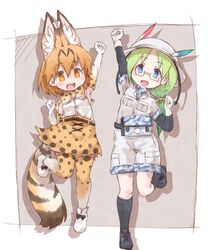  2girls animal_ear_fluff animal_ears bare_shoulders belt boots camouflage_trim commentary elbow_gloves fanny_pack feathers glasses gloves green_hair hair_tie hat helmet high-waist_skirt highres jacket kemono_friends kneehighs kolshica long_hair mirai_(kemono_friends) multicolored_hair multiple_girls pith_helmet safari_jacket serval_(kemono_friends) serval_print shoes short_sleeves shorts skirt sleeveless sneakers socks standing standing_on_one_leg tail thighhighs 