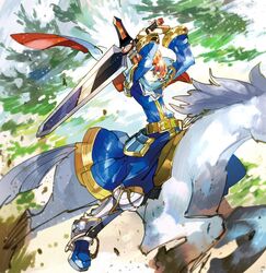  1boy animal armor blue_eyes cape cosplay durandal_(fire_emblem) eliwood_(fire_emblem) eliwood_(fire_emblem)_(cosplay) fire_emblem fire_emblem:_the_binding_blade fire_emblem:_the_blazing_blade fire_emblem_heroes headband horse male_focus noki_(affabile) red_hair roy_(brave_lion)_(fire_emblem) roy_(fire_emblem) smile solo sword weapon 