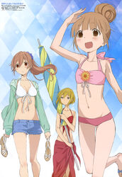  3girls :d :o absurdres alternate_hairstyle ass_visible_through_thighs beach_umbrella bikini blonde_hair blush breasts brown_eyes closed_umbrella cutoffs denim denim_shorts echizen_(tanakeda) flat_chest flower front-tie_top hair_bun hair_ornament hair_scrunchie highres holding holding_shoes hood hoodie iizuka_haruko long_hair medium_breasts miyano_(tanakeda) multiple_girls navel official_art open_clothes open_hoodie open_mouth pink_bikini ponytail red_bikini sandals sarong scan scrunchie shading_eyes shiraishi_(tanakeda) shoes short_hair short_shorts shorts single_hair_bun smile standing standing_on_one_leg swimsuit tanaka-kun_wa_itsumo_kedaruge umbrella unworn_sandals white_bikini 